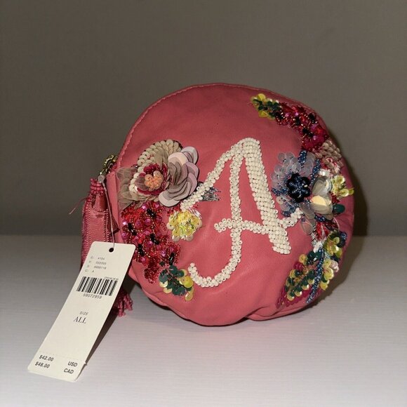 Anthropologie Handbags - Sold Anthropologie "A" Anna Harlow Russo Leather Pink Beaded Pouch Makeup Bag